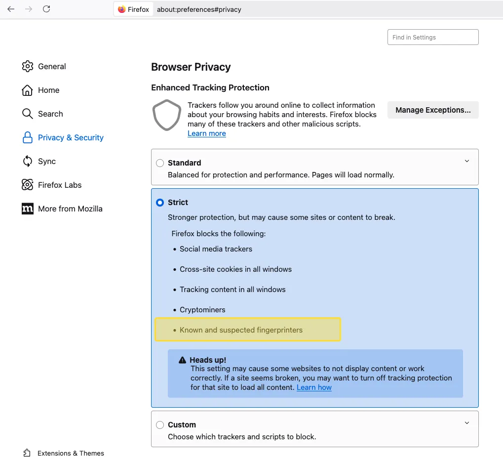 Firefox setting